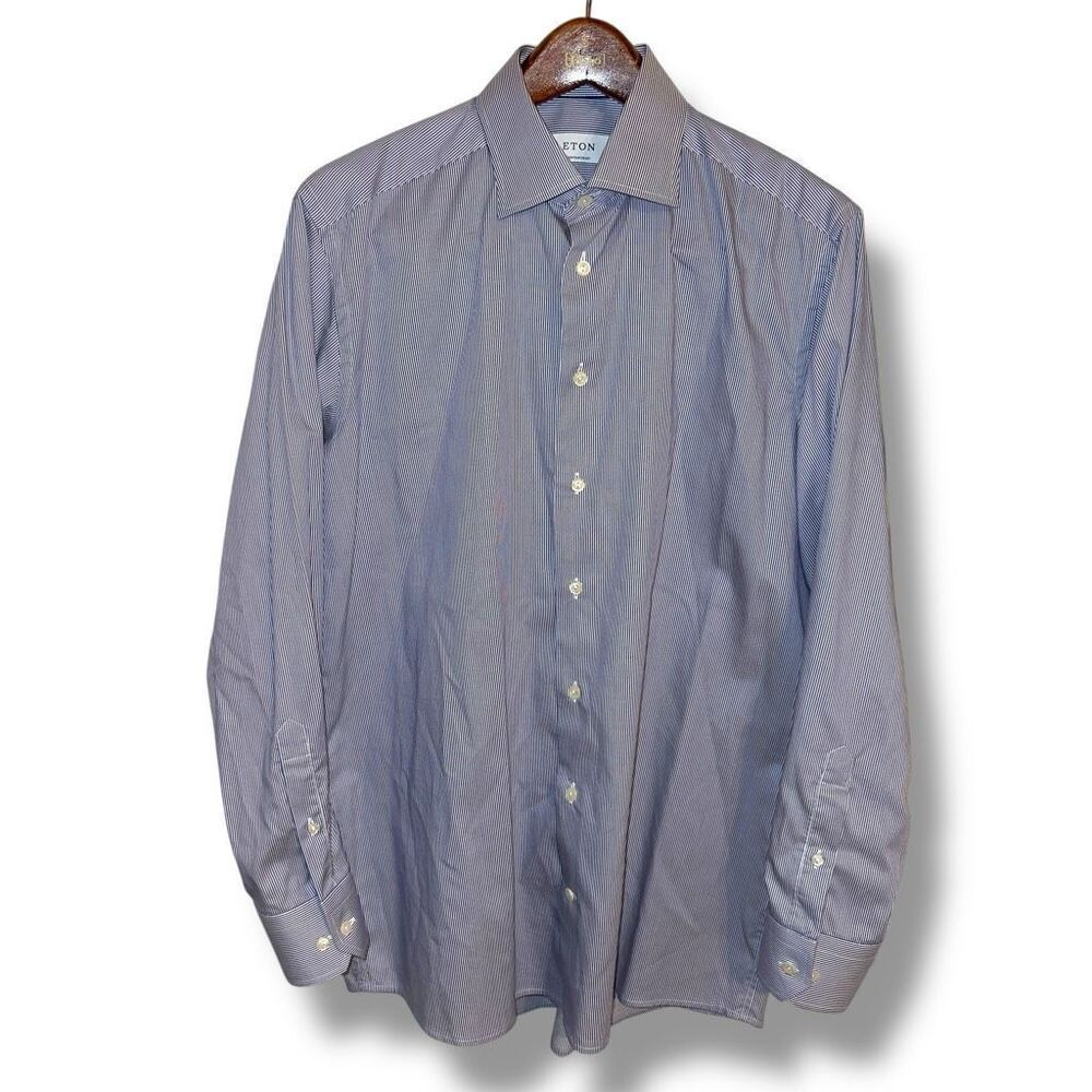 Eton Contemporary Blue Bengal Striped Twill Semi Spread Dress Shirt XL 17